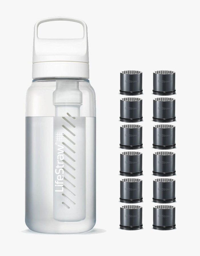 2 Year Mission Pack: LifeStraw Go Series water filter bottle in Clear with twelve replacement filters
