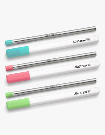 LifeStraw Sip 3-Pack stainless steel water filter straws with teal, pink and green mouthpieces and white cases