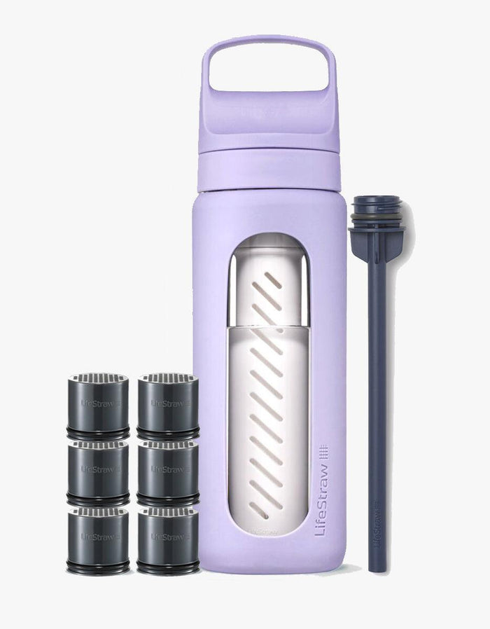 Go Series Glass Complete kit in Provence: glass water filter bottle, six carbon filter replacements and straw