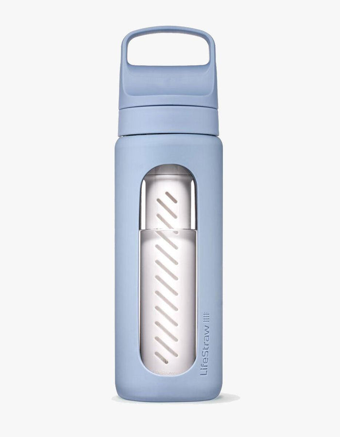 LifeStraw Go Series Glass 20 oz water filter bottle in Icelandic with carry-handle lid and visible filter window