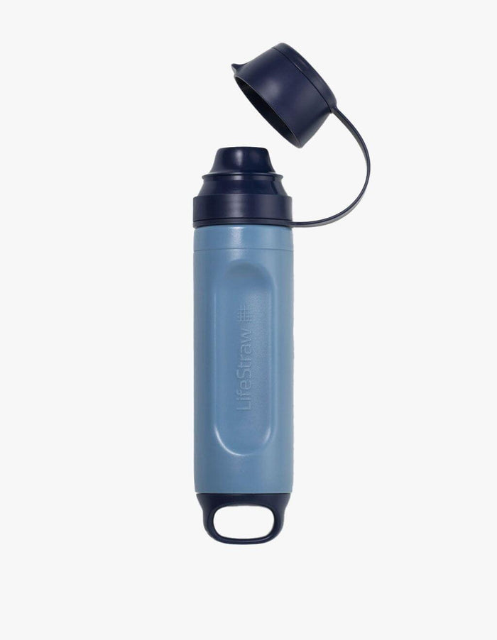 LifeStraw Peak Series Solo water filter straw in blue with its leak-proof cap flipped open