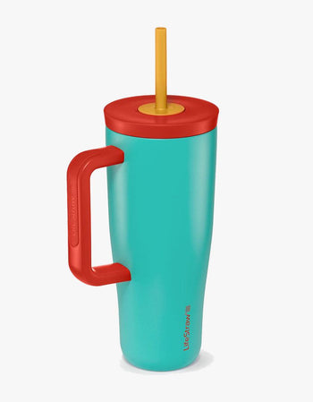 LifeStraw Go Series Tumbler 24 oz water filter tumbler in teal with red lid and handle and yellow straw