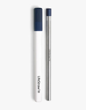 LifeStraw Sip water filter straw in Midnight Blue beside its white carry case