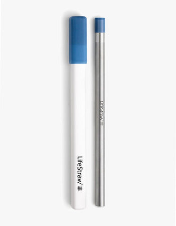 LifeStraw Sip water filter straw in Stormy Blue, stainless steel with white carry case