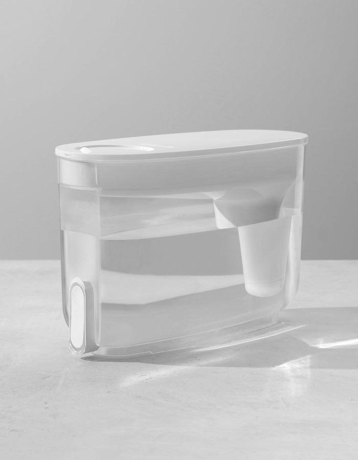 LifeStraw Home 18-cup water filter dispenser in White, filled with water