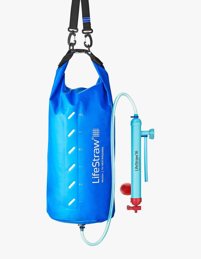LifeStraw Mission 12 L gravity water purifier — blue roll-top reservoir bag with hose and purifier cartridge