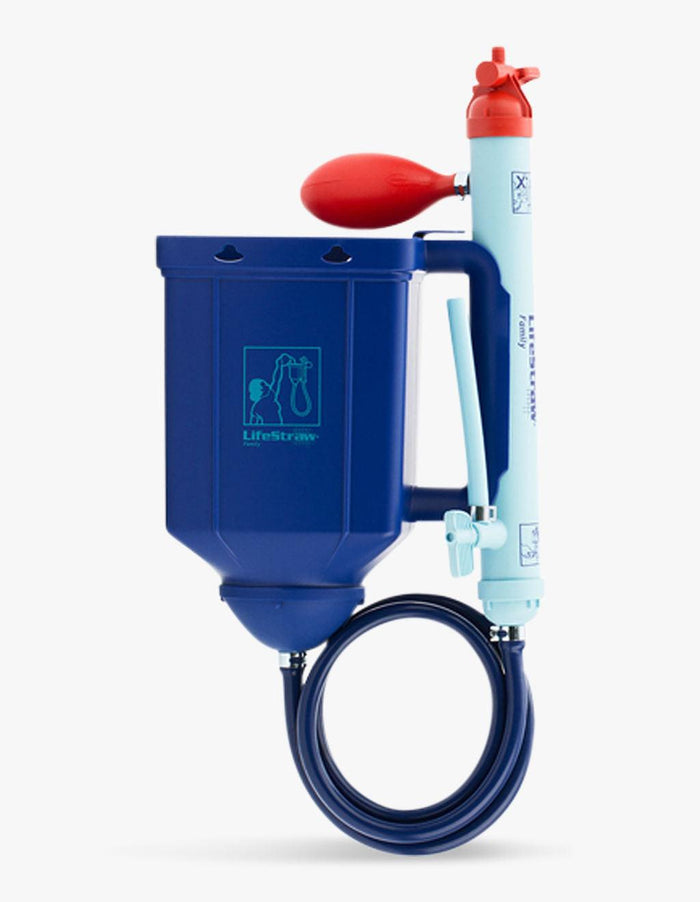 LifeStraw Family gravity water filter with blue feed tank, filter cartridge, hose and red backwash bulb