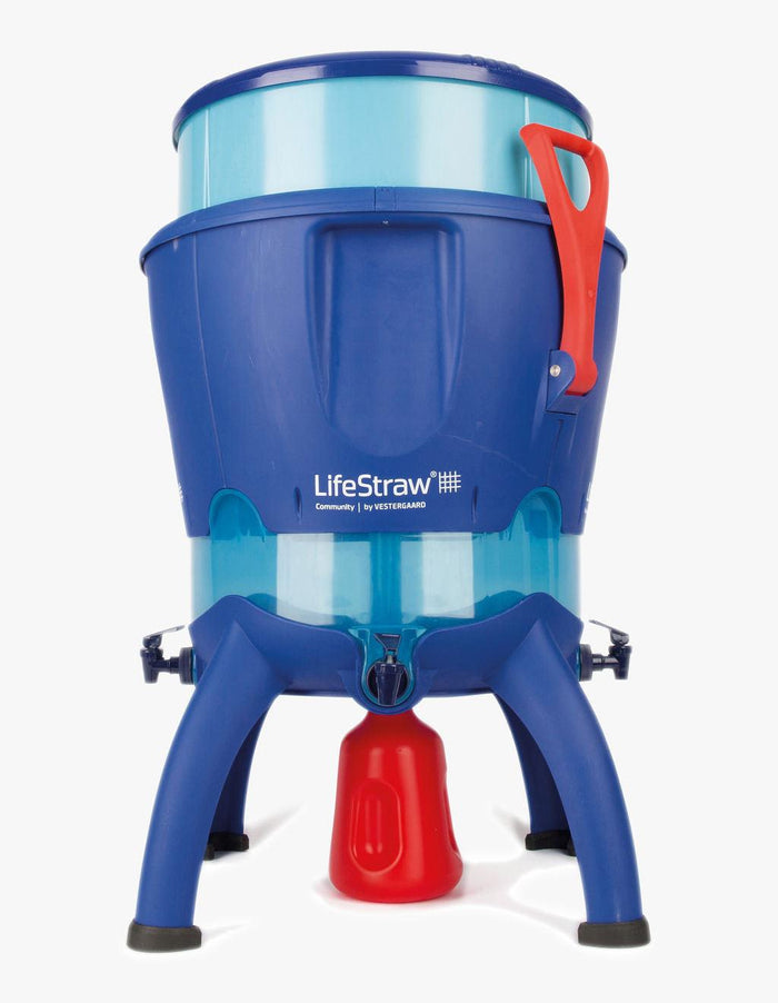 LifeStraw Community high-capacity water purifier in blue, front view studio shot on grey